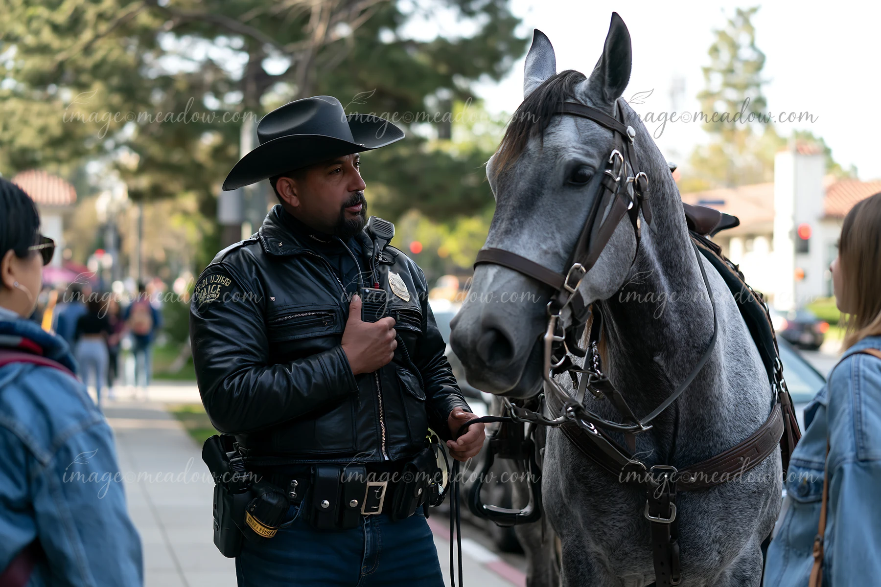 A police officer stands beside a gray horse while engaging with nearby pedestrians in an urban setting.