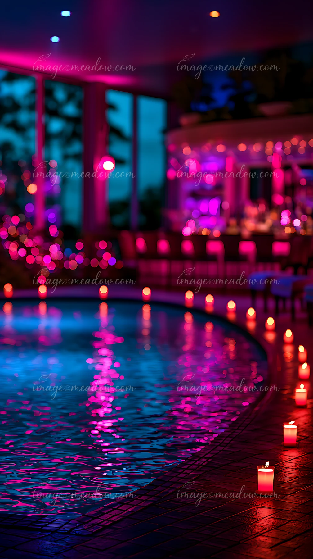 A pool area features colorful lighting and candles lining the water's edge, creating a lively atmosphere for evening relaxation.