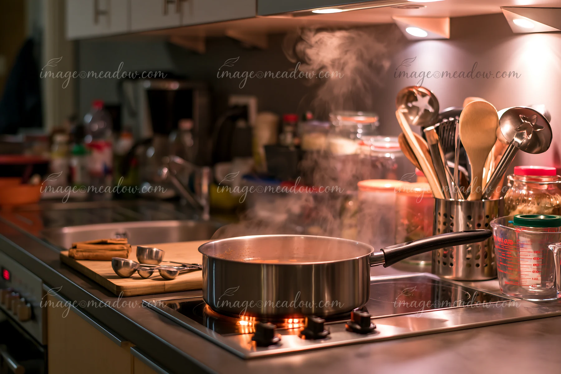 A pot simmers on the stove in a modern kitchen filled with Christmas cooking utensils.