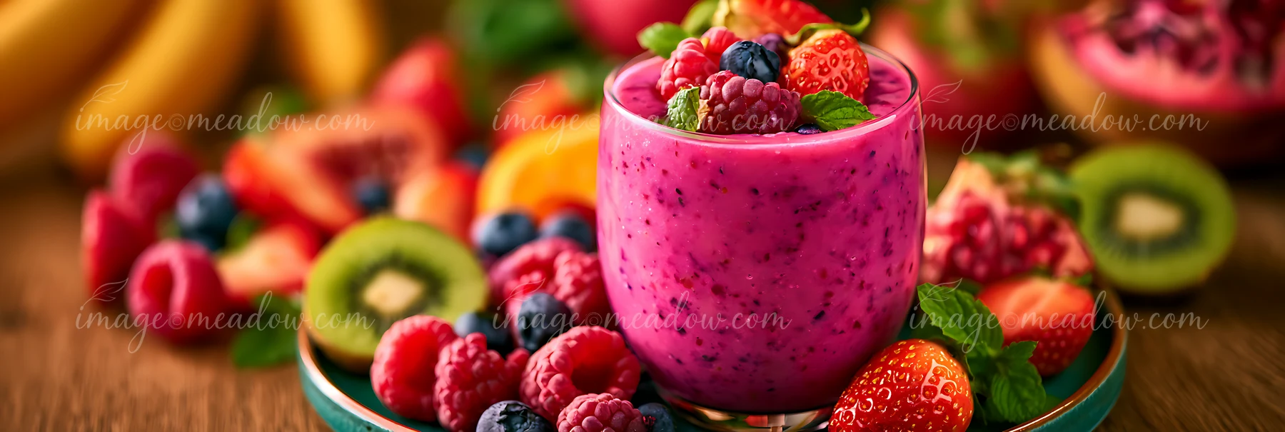 A purple smoothie sits in a clear glass surrounded by fresh strawberries, raspberries, and assorted tropical fruits on a wooden table.