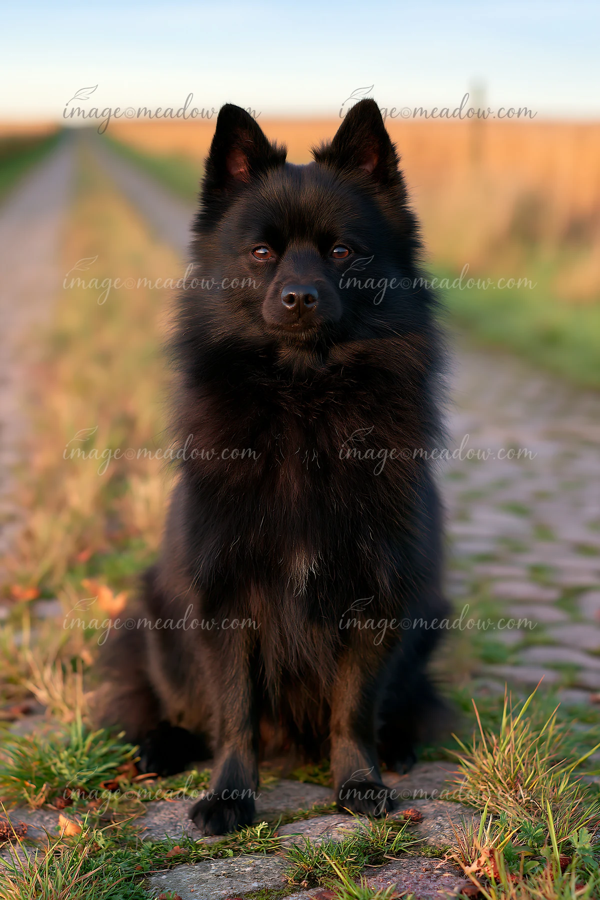 A rare dog breed is sitting patiently on a rural road surrounded by grass and fields.