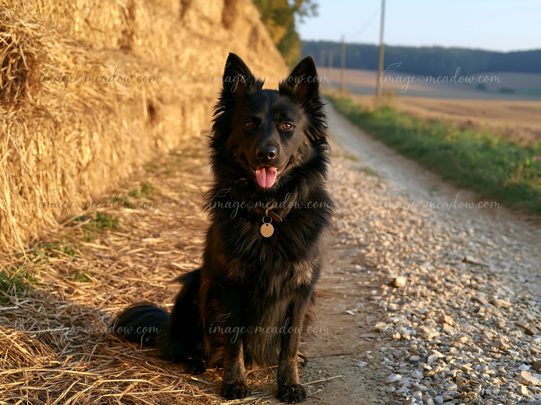 A rare dog breed looking at camera while sitting on a gravel path beside hay bales in a rural area.