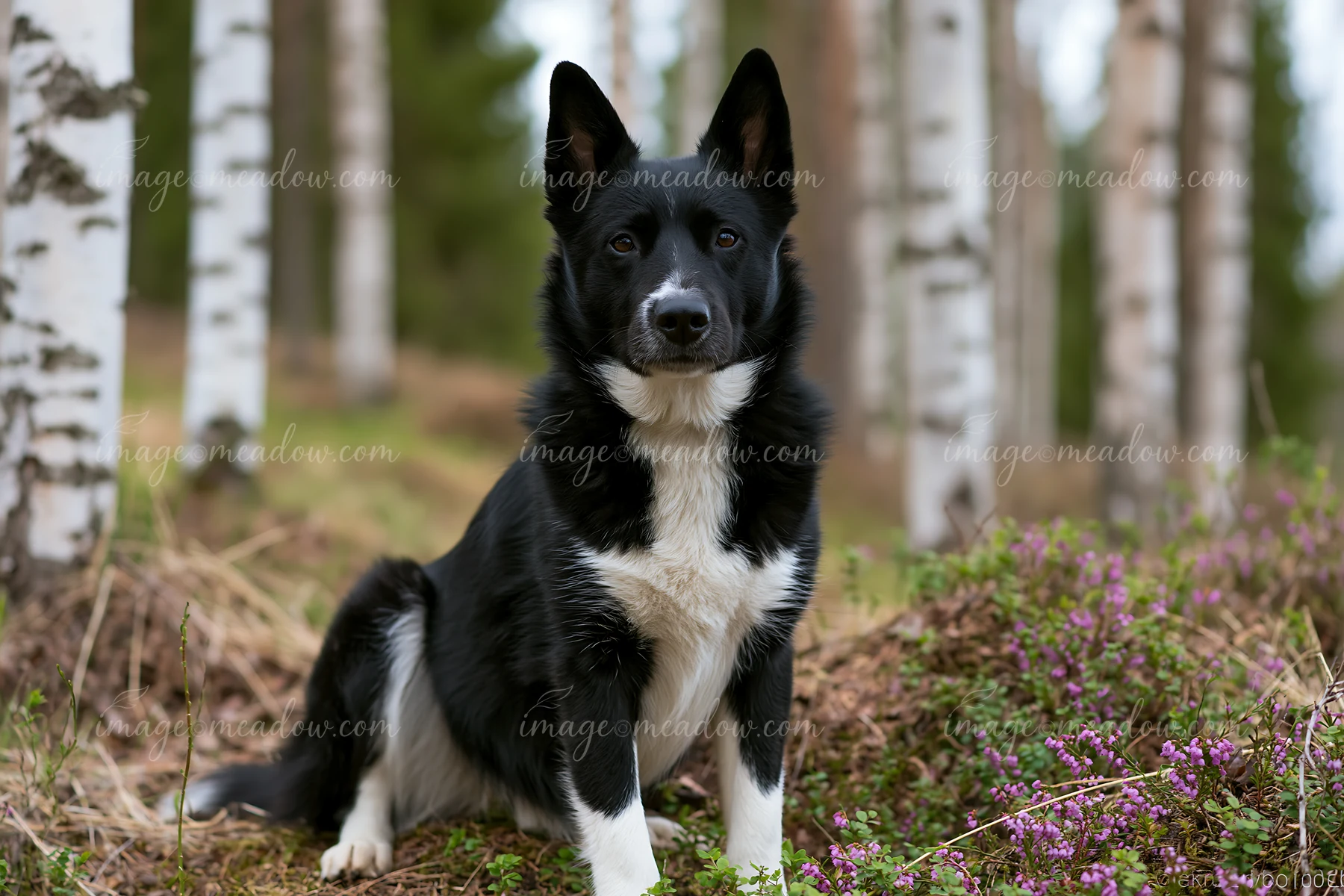 A rare dog breed looks at the camera while sitting among trees and flowers in a forest.