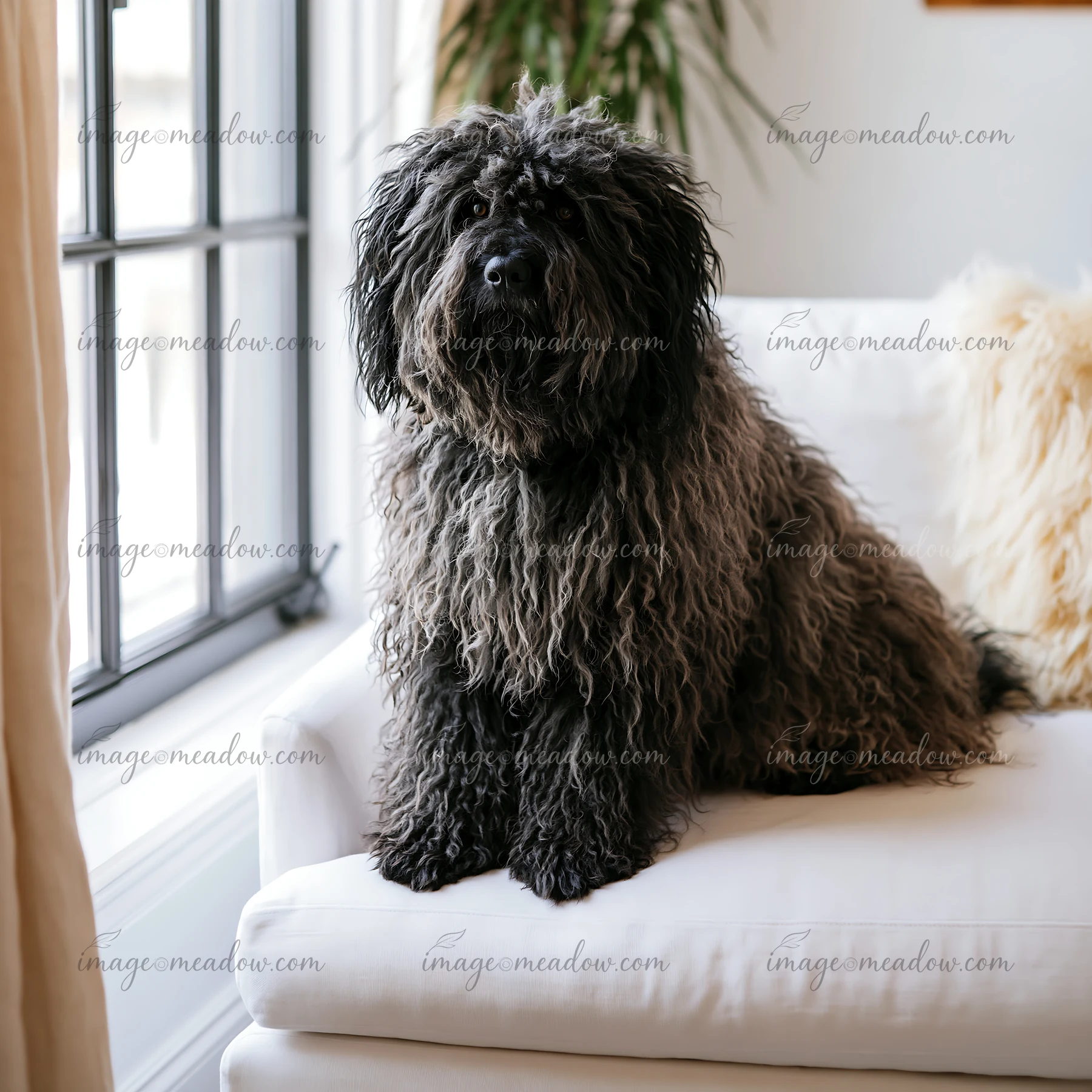 A rare dog breed on sofa at home sits calmly on a white sofa with large windows letting in natural light.