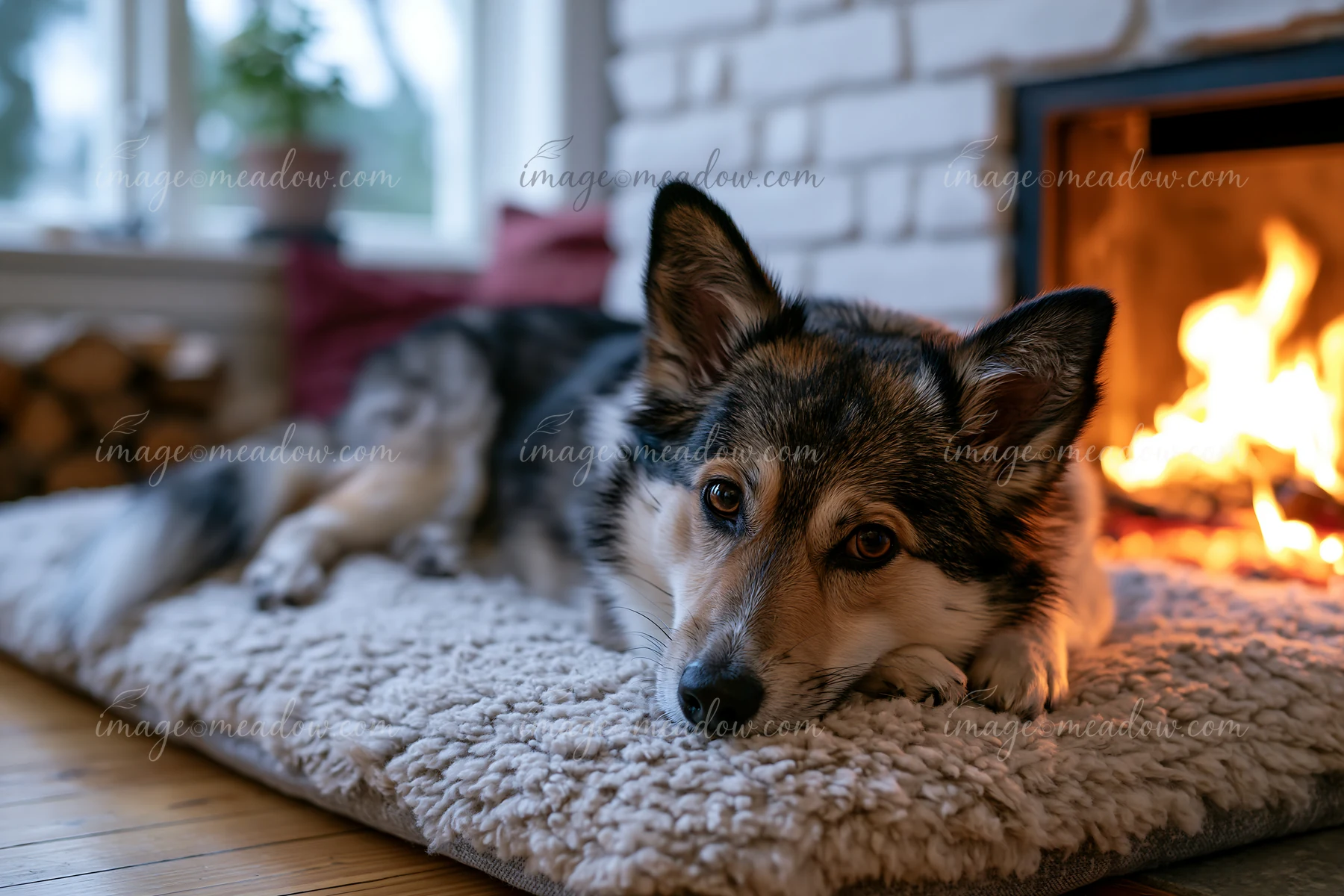 A rare dog breed relaxing by fireplace on a soft rug.