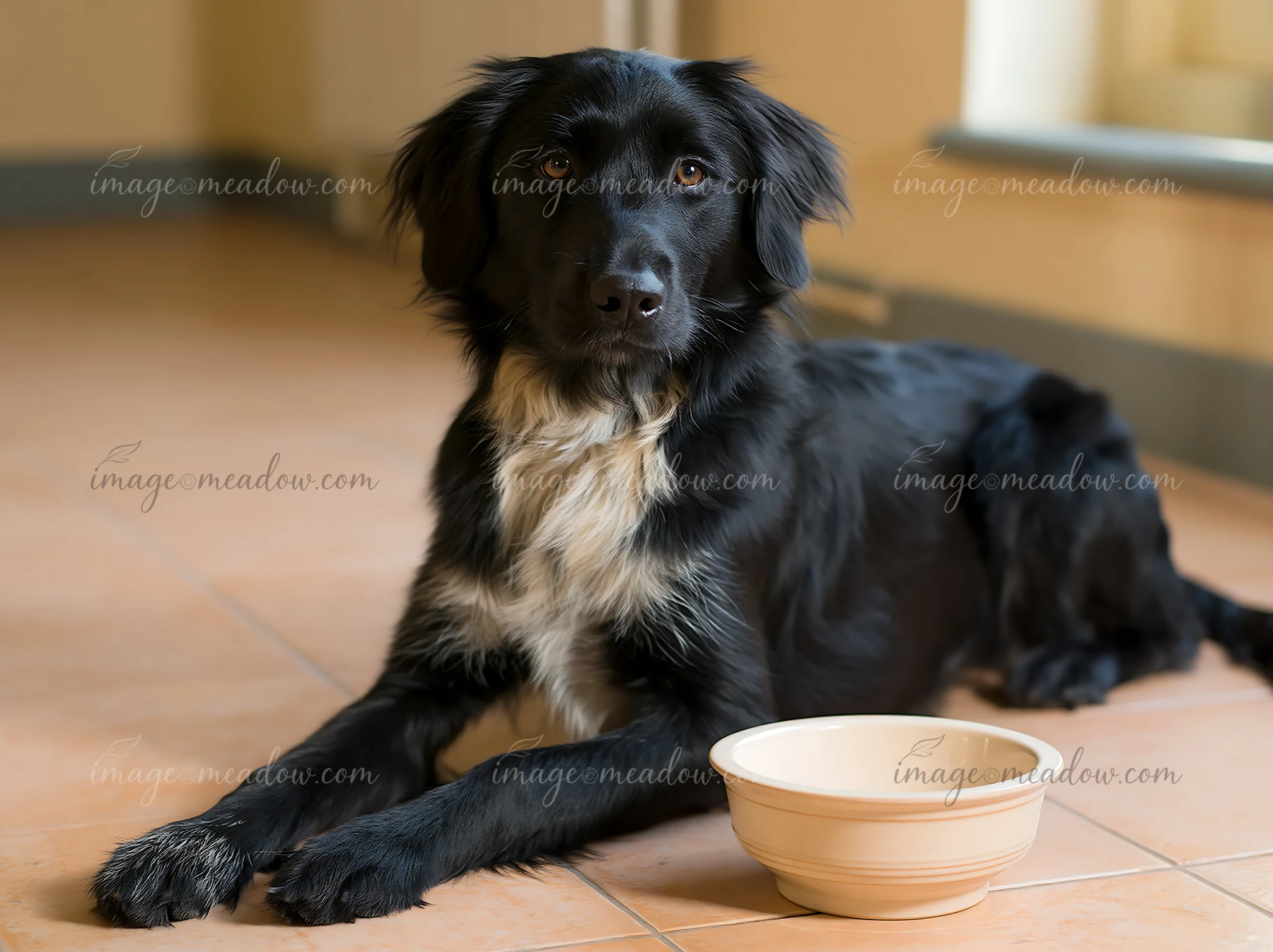 A rare dog breed rests on a tiled floor beside an empty food bowl in a well-lit studio.