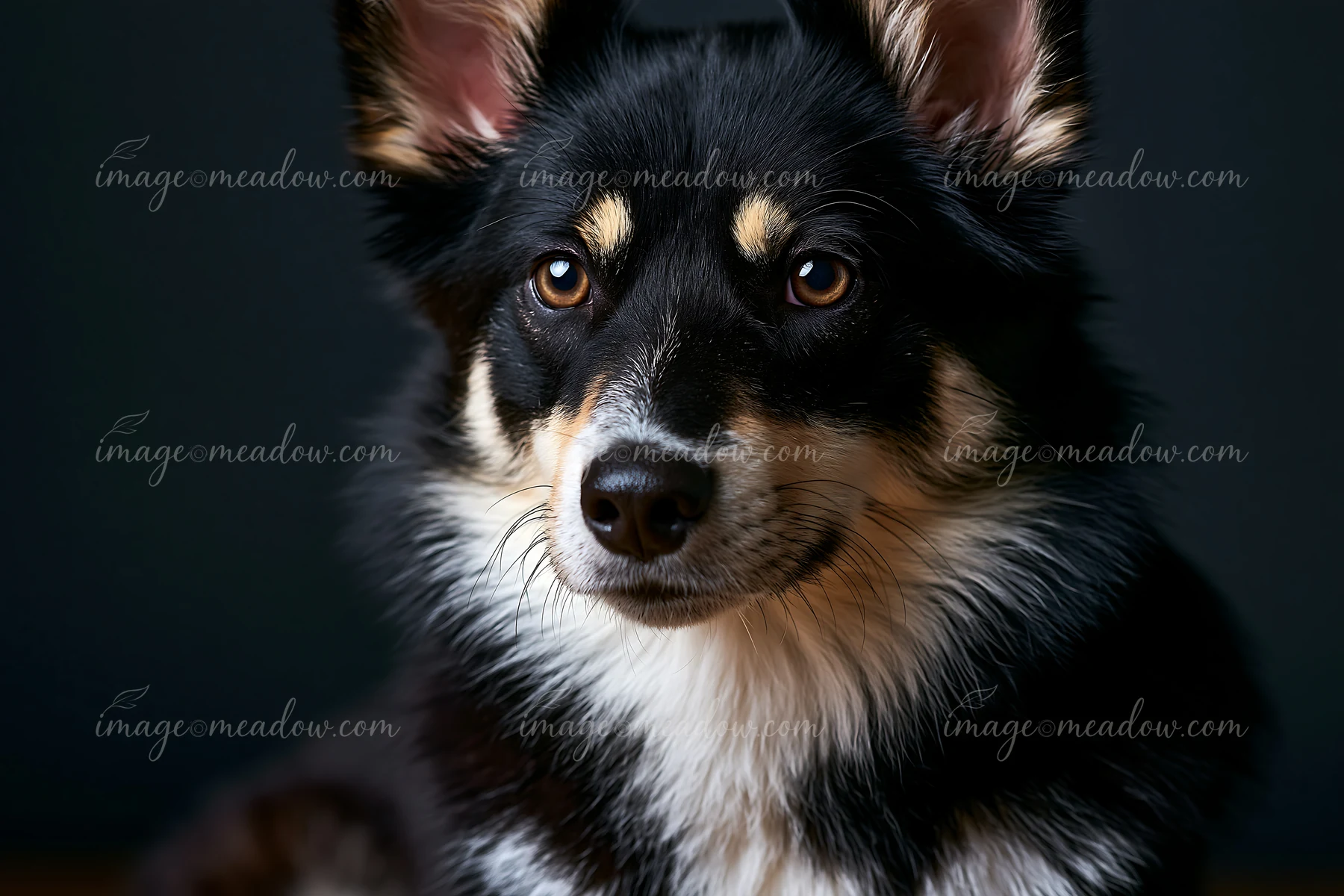 A rare dog breed sits in a studio setting with a dark backdrop.
