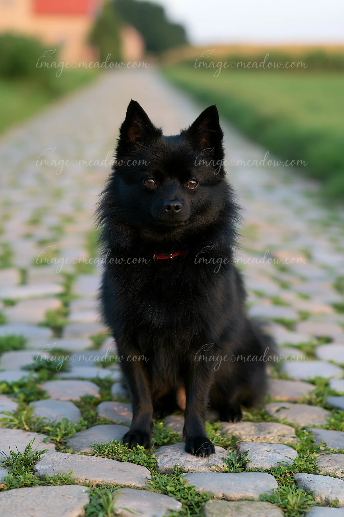 A rare dog breed sits on a cobblestone road surrounded by green fields.