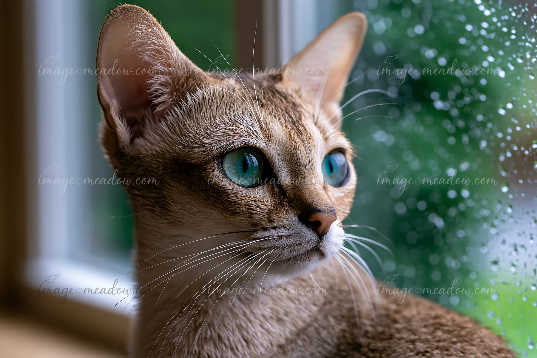A rare dog breed sits on a sofa at home, looking out a window as raindrops fall.