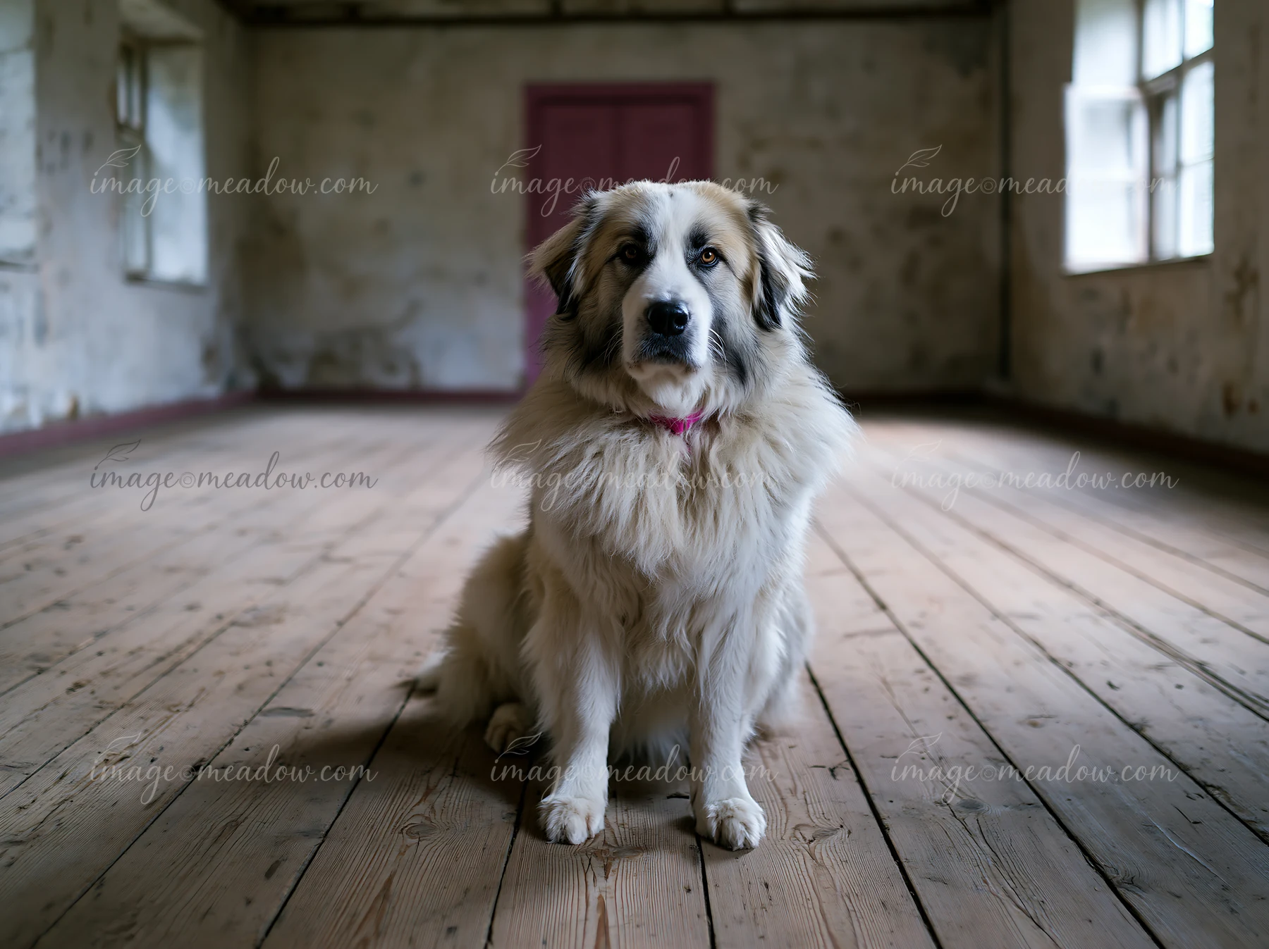 A rare dog breed sits on wooden floors in a studio room.