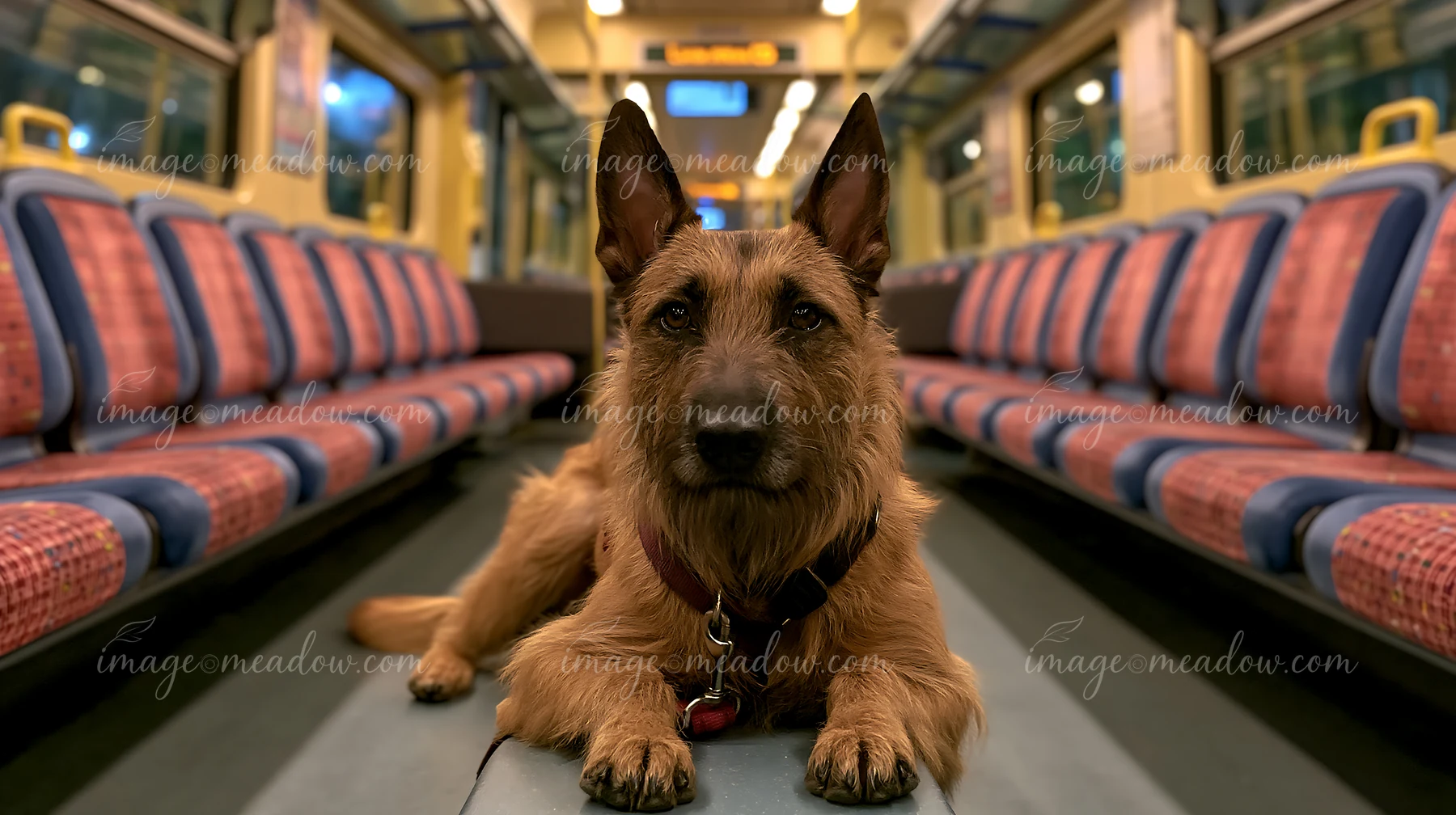 A rare dog breed traveling by train lays comfortably on the floor of a train carriage.