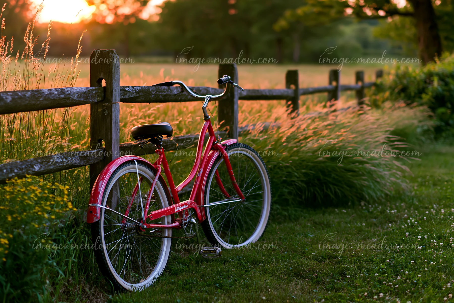 A red bicycle leans against a wooden fence in a meadow during sunset.