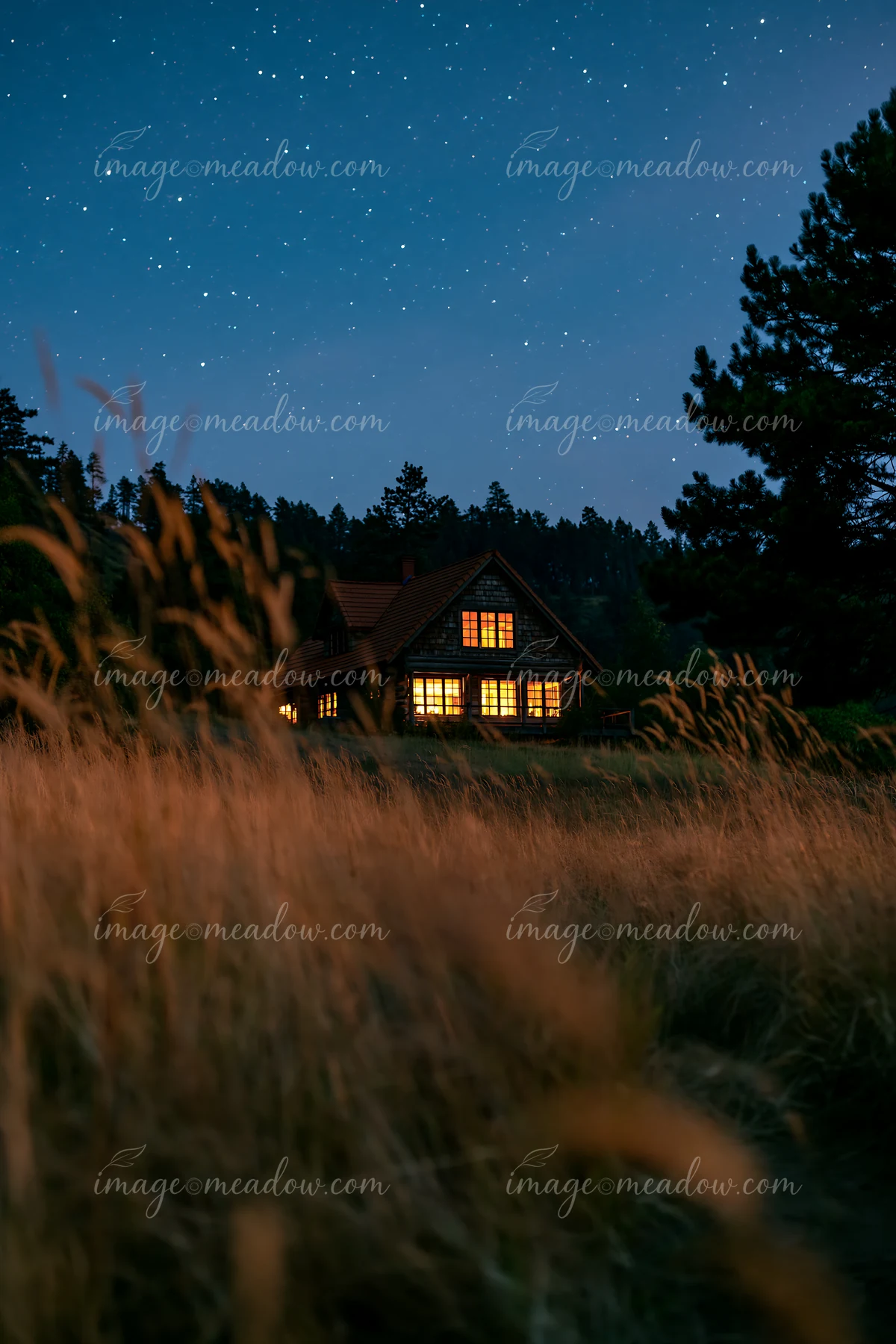 A remote mountain home under stars stands out in the night, with warm light glowing from its windows.