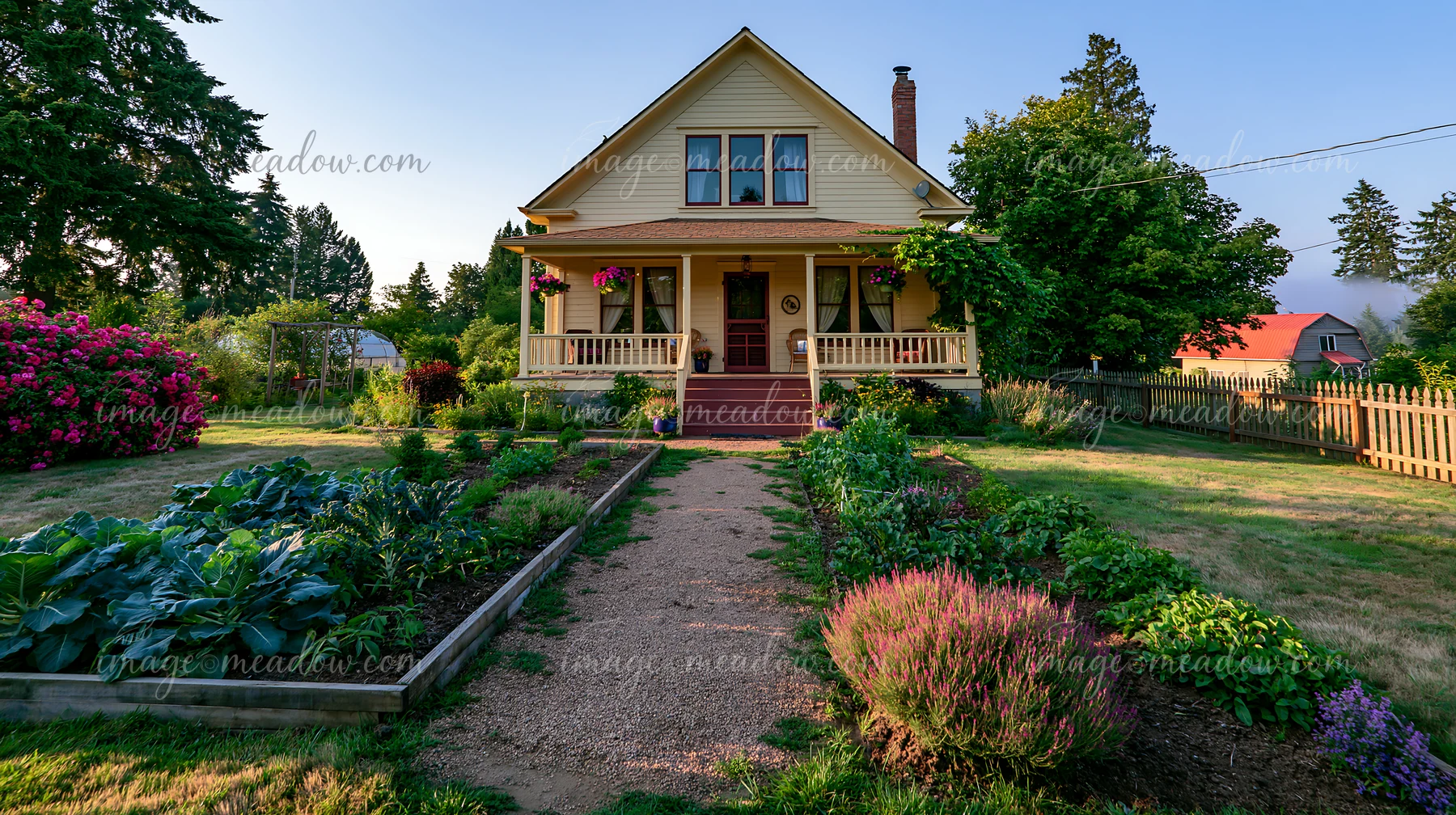 A restored farmhouse exterior features a welcoming porch, surrounded by a garden with various plants and flowers, creating a charming rural atmosphere during da