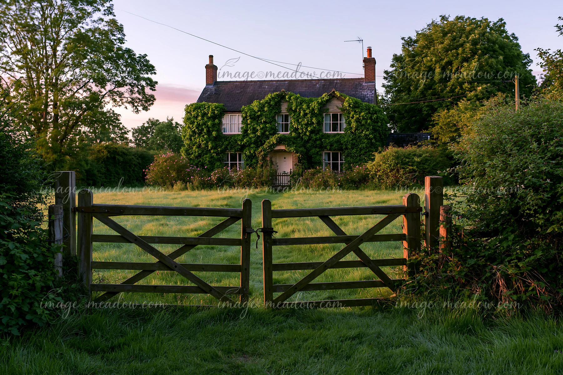 A rural cottage situated behind a wooden gate is surrounded by tall grass and trees.