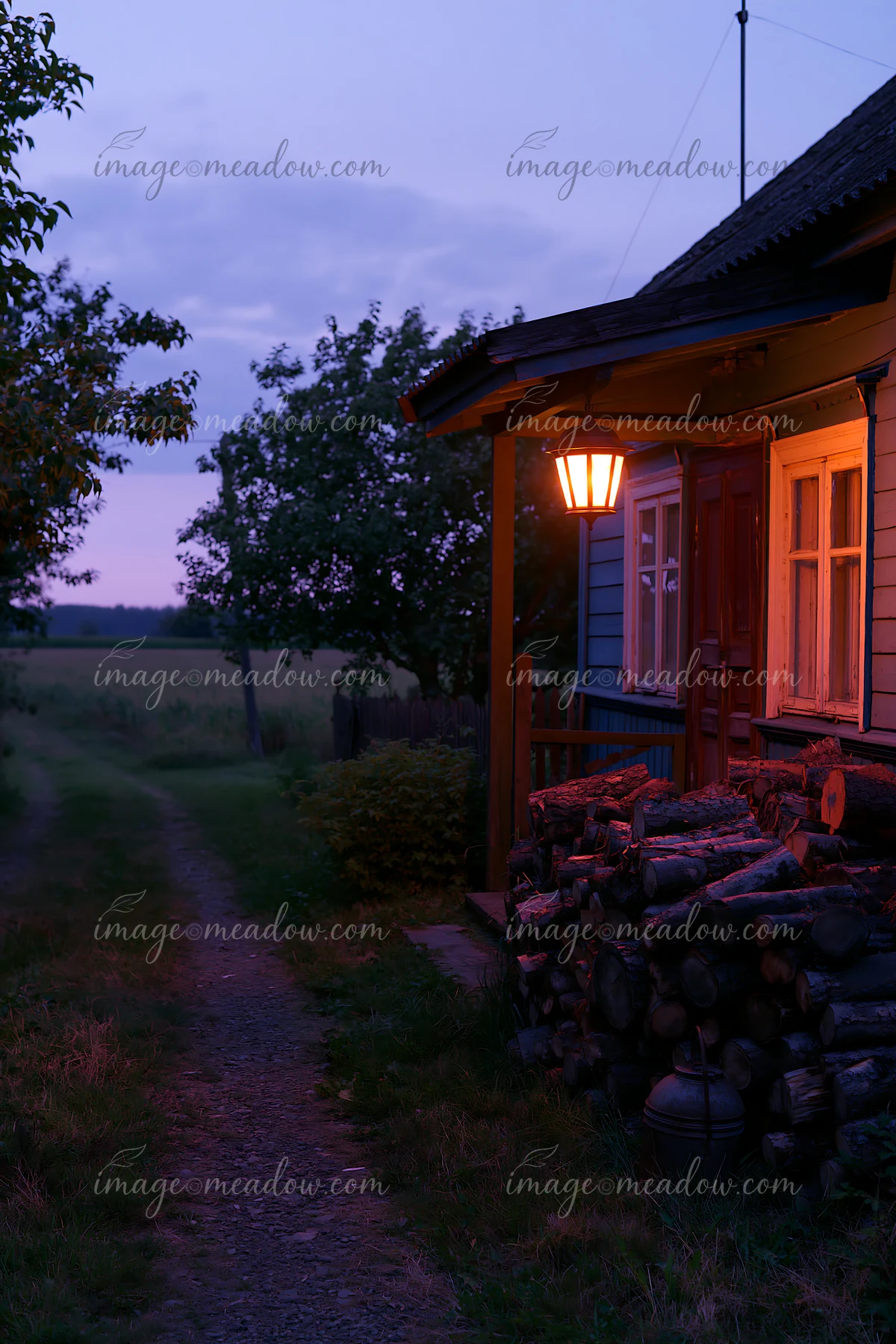 A rural cottage with a firewood stack is lit by a lantern in the evening.