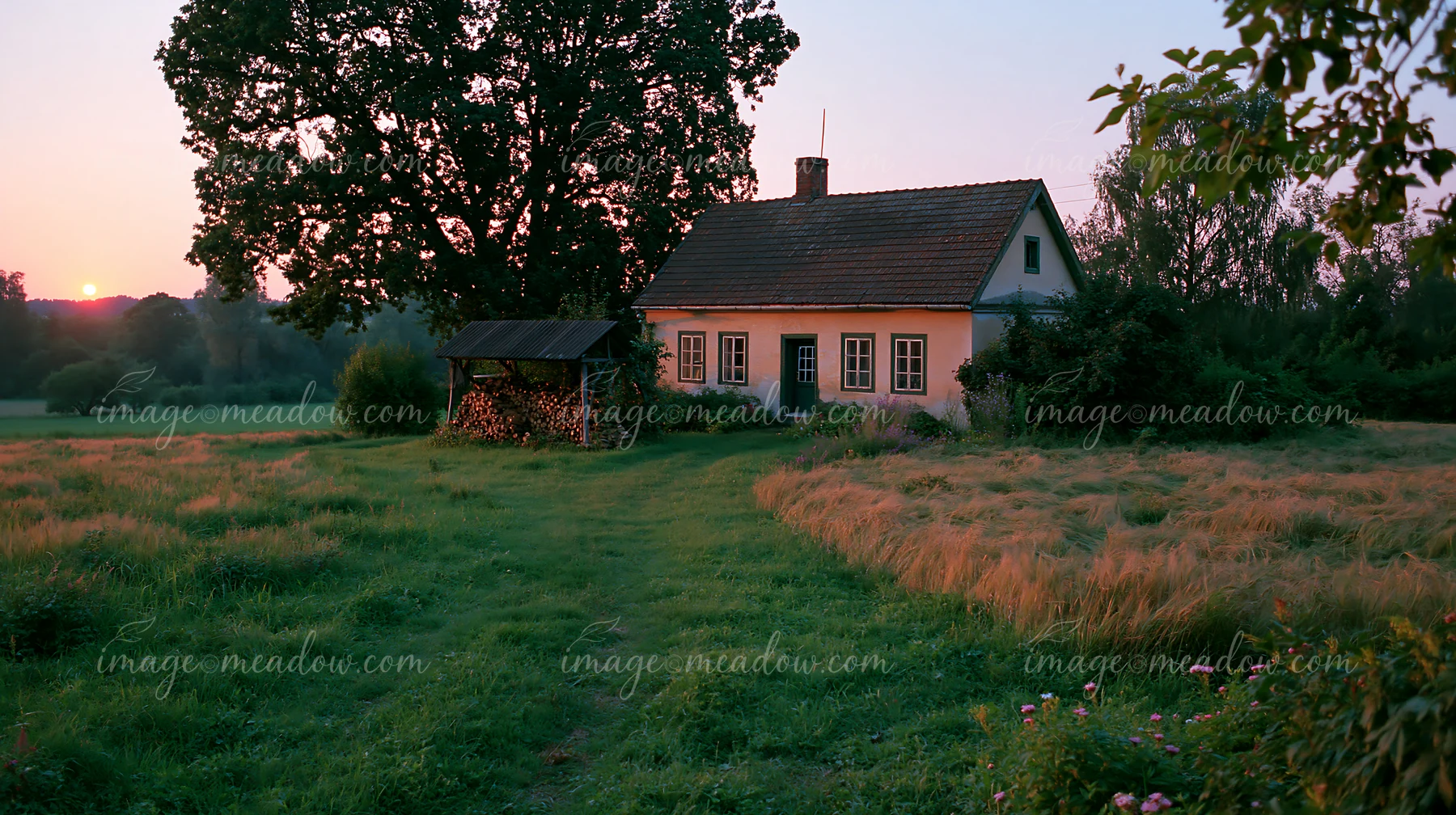 A rural cottage with firewood stack sits in a field at sunset, surrounded by grass and trees.
