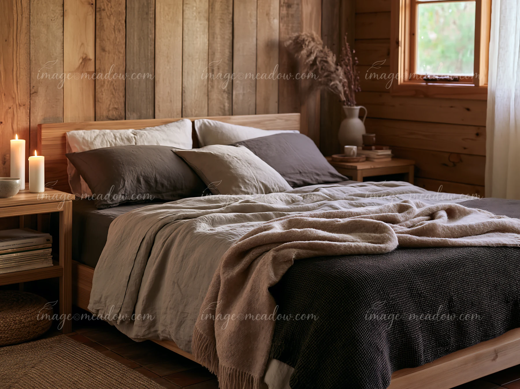 A rustic bedroom features linen bedding on a wooden bed frame with candles, decorative items, and natural lighting.
