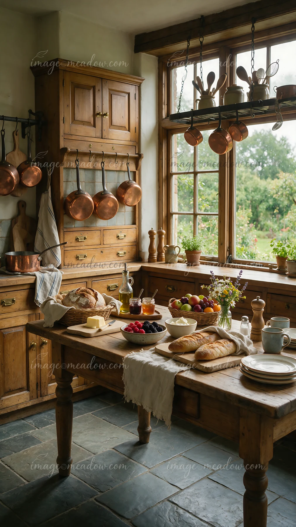 A rustic farmhouse buffet is set up in a wooden kitchen, featuring a table with fresh bread, fruits, and drinks.
