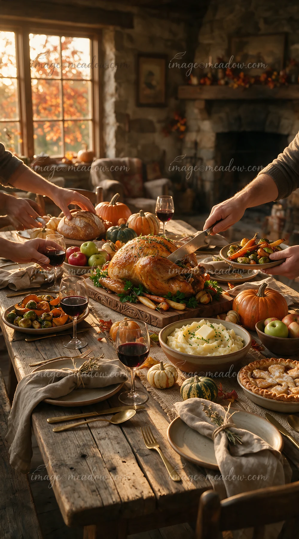 A rustic farmhouse buffet serves a Thanksgiving meal with turkey, sides, and seasonal decorations.