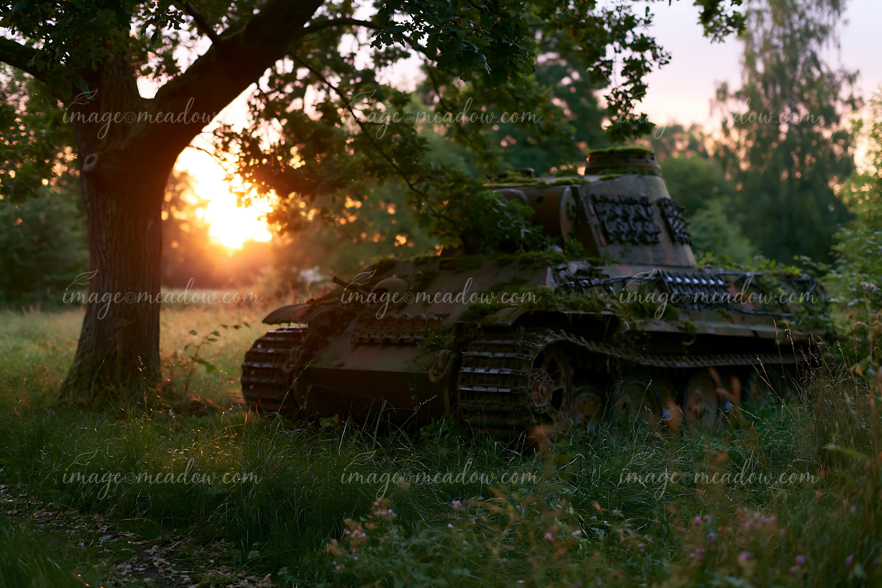 A rusty tank sits in a grassy field as the sun sets behind it, creating a warm glow.