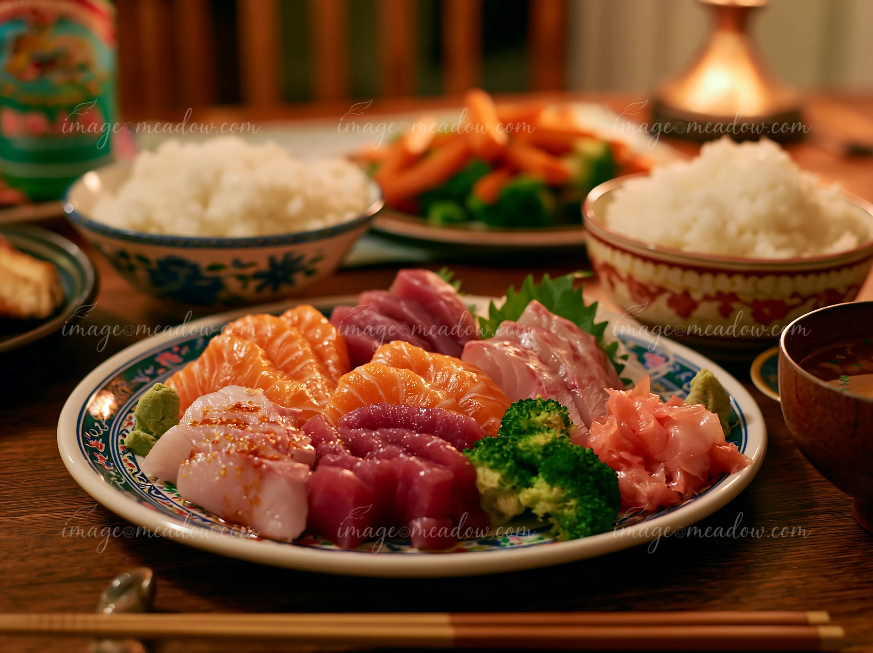 A sashimi platter with pickled ginger showcases various sliced fish arranged neatly on a decorative plate, surrounded by rice and vegetables at a cozy dining se