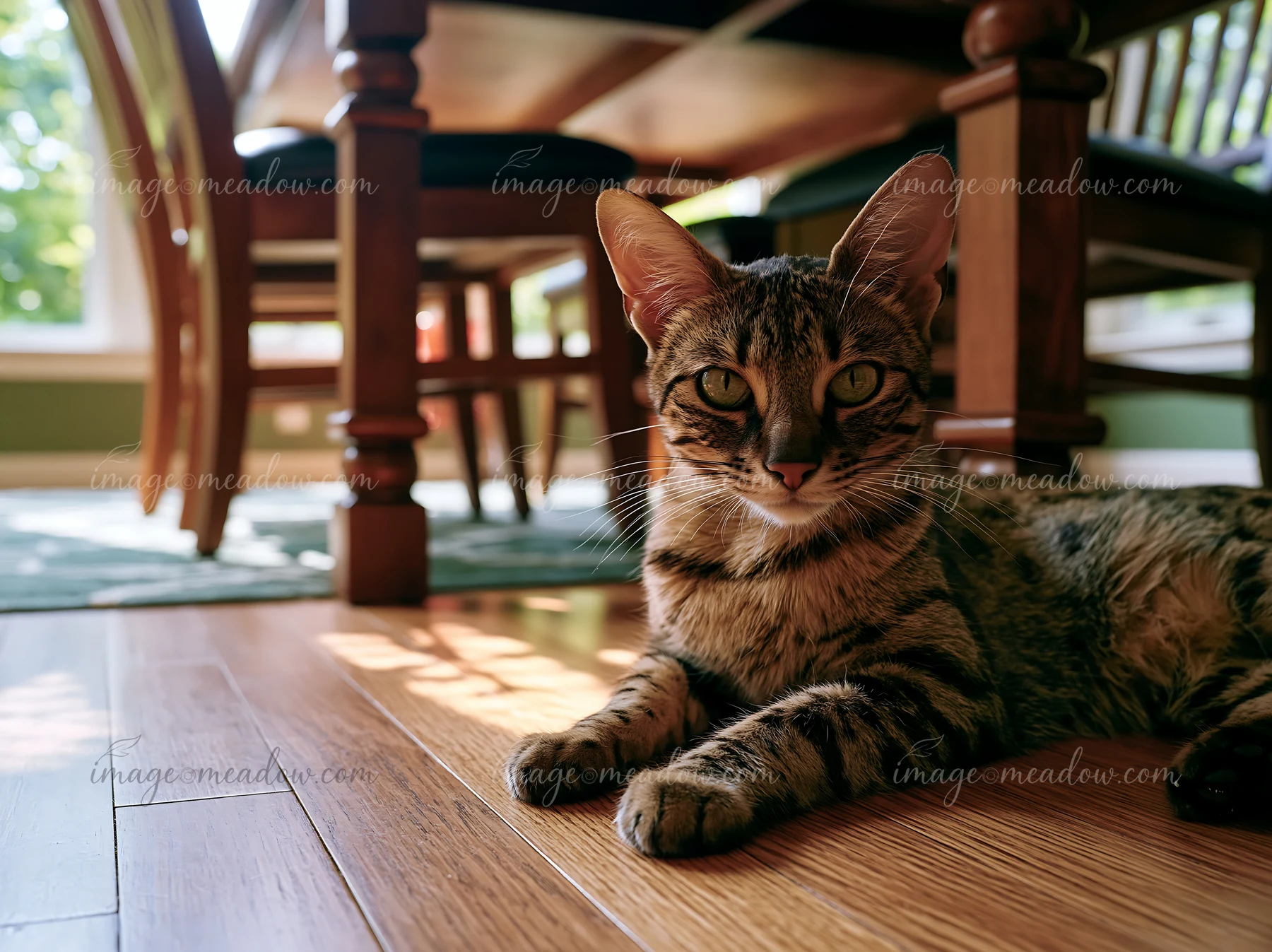 A Savannah cat at home lies on hardwood floor near dining chairs.