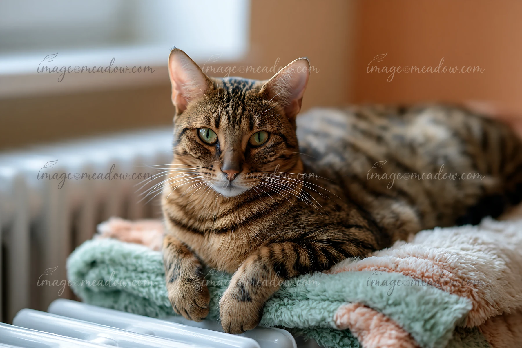 A Savannah cat is lying on a soft blanket placed on a radiator in a cozy indoor setting.