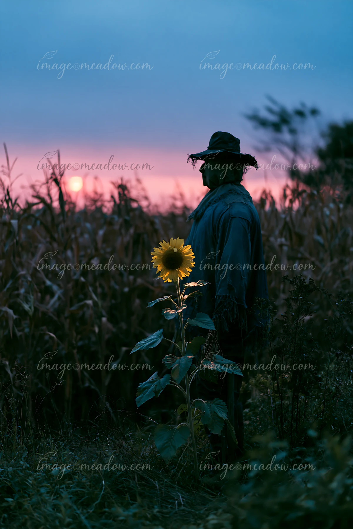 A scarecrow stands in a cornfield at night, surrounded by tall corn plants.