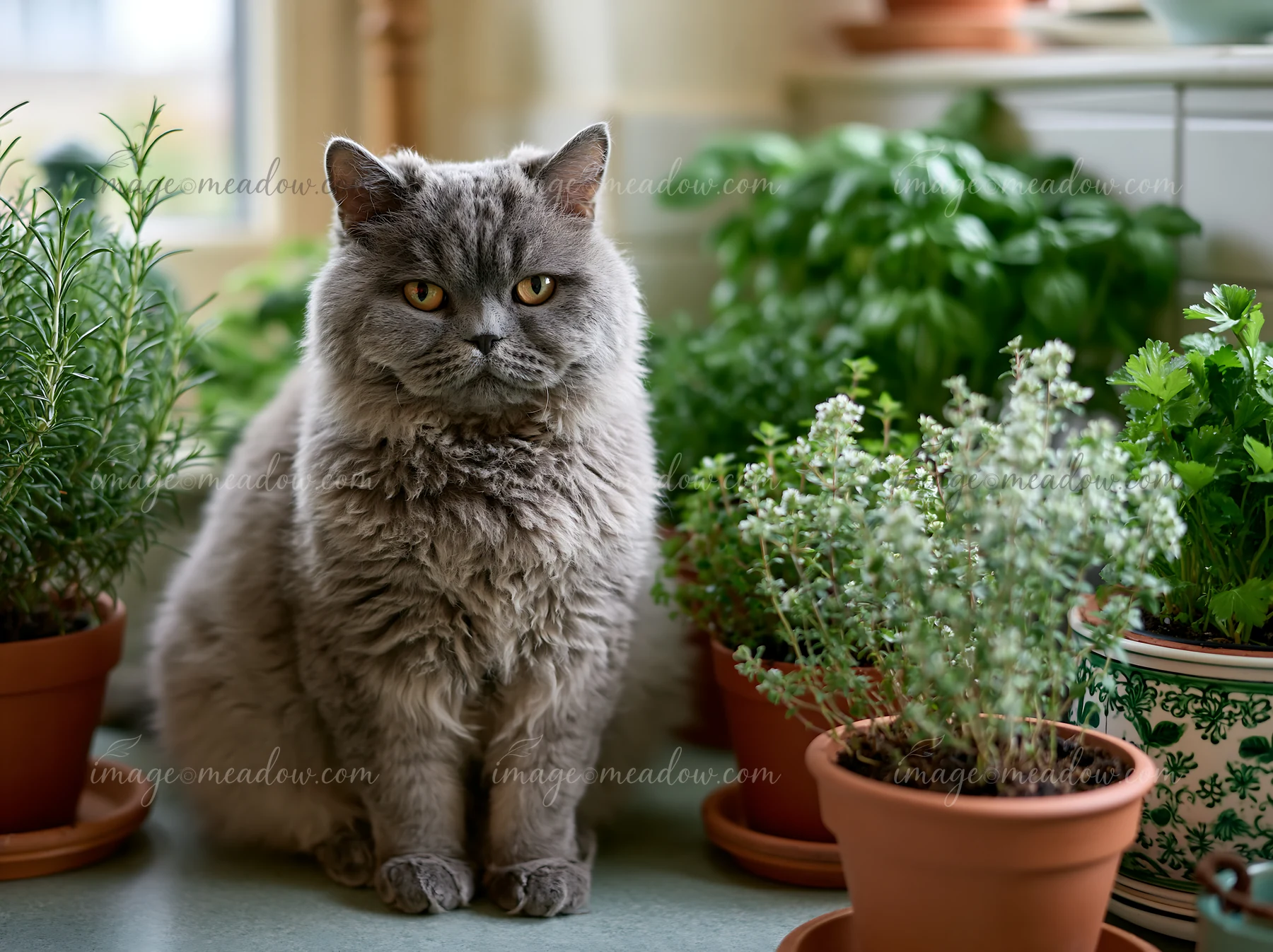 A Selkirk Rex cat sits calmly next to several potted herbs in a kitchen setting.