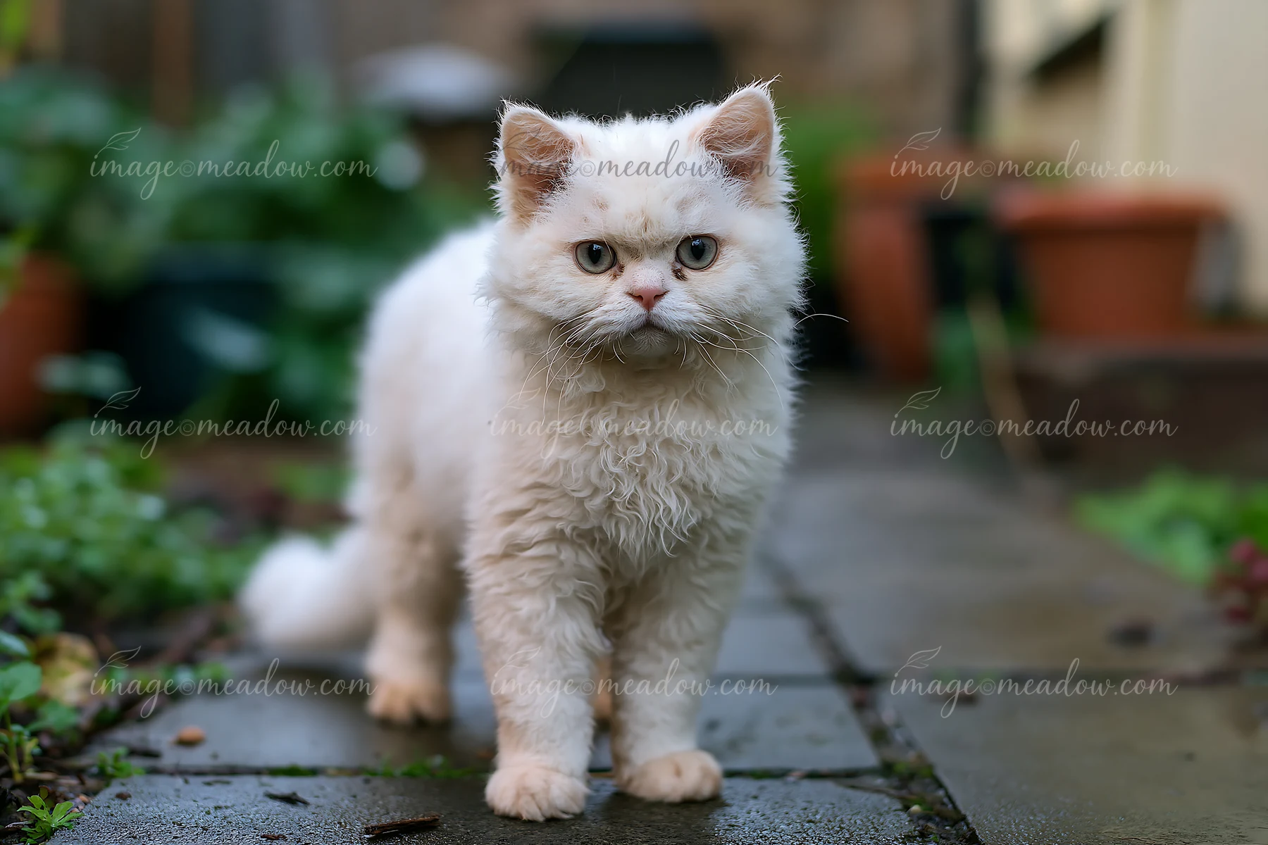 A Selkirk Rex cat stands on a stone pathway in a garden.