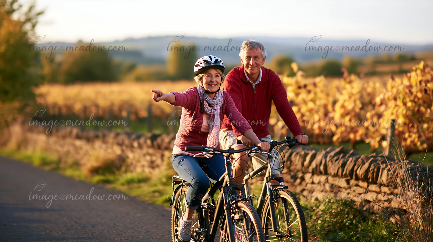 A senior couple cycles through a vineyard landscape, enjoying the day.