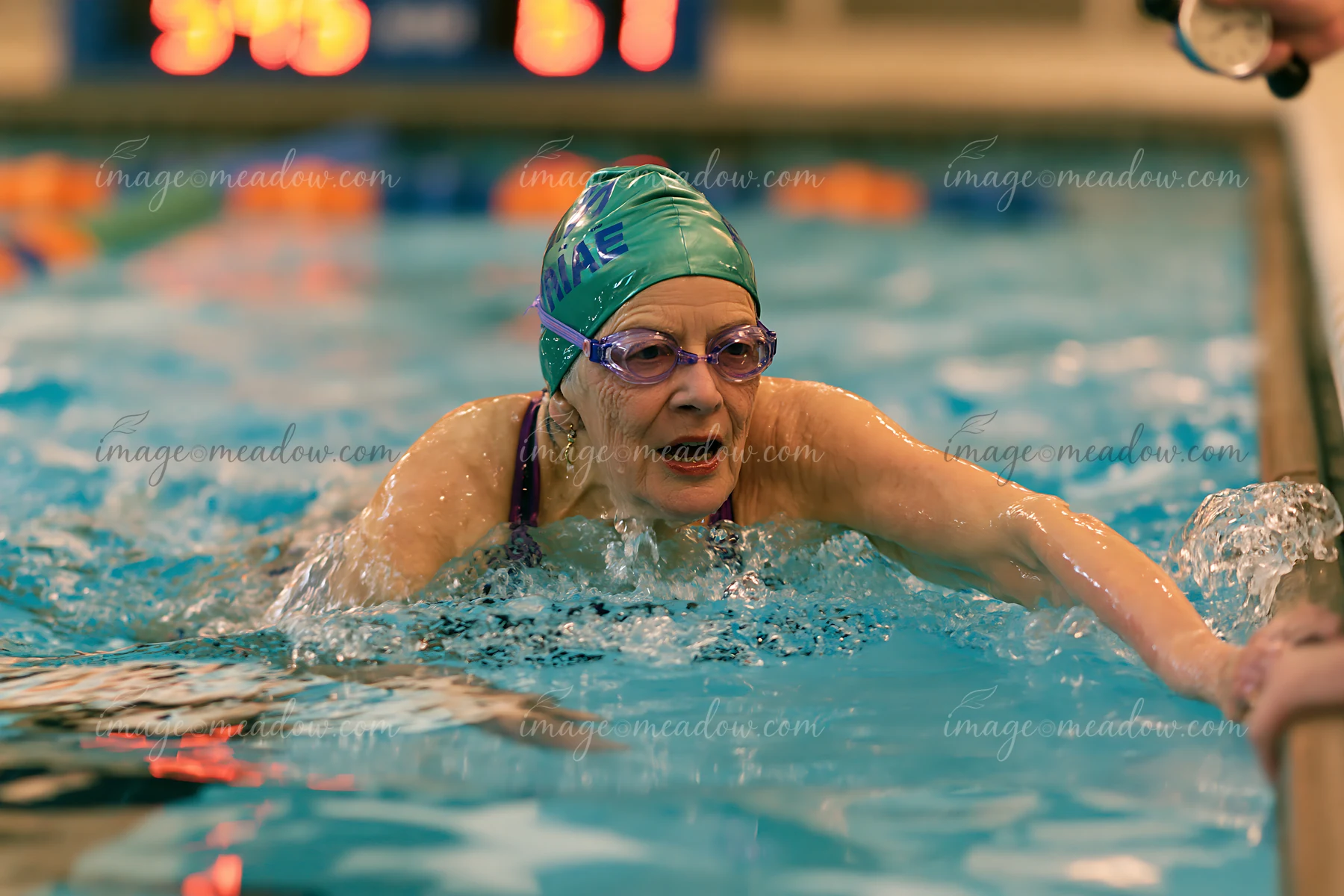 A senior woman swims freestyle in a lap pool, focusing on her technique as she glides through the water.