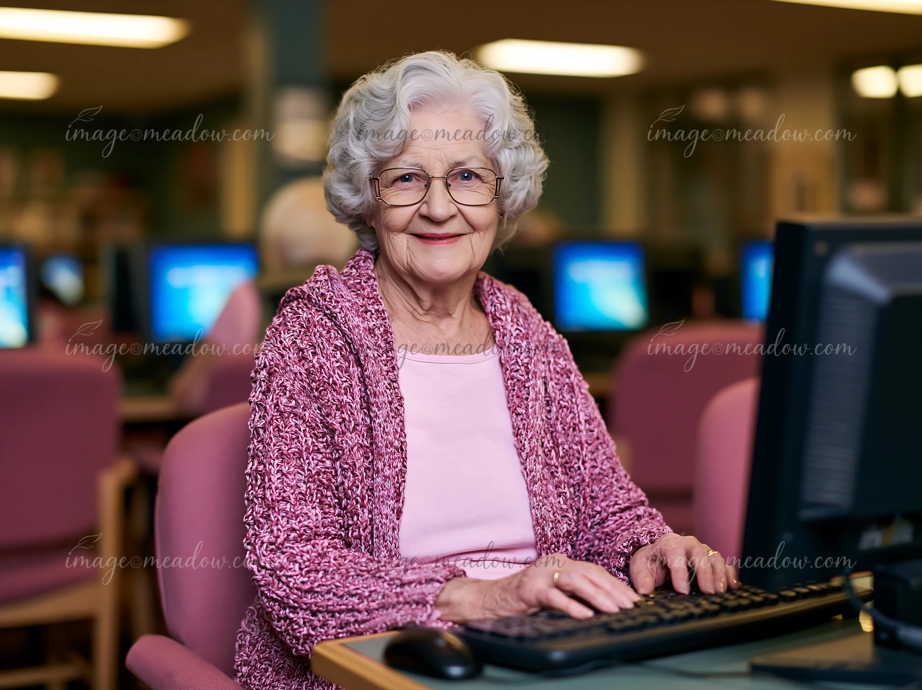 A senior woman typing with shaky hands sits at a computer in a community center.