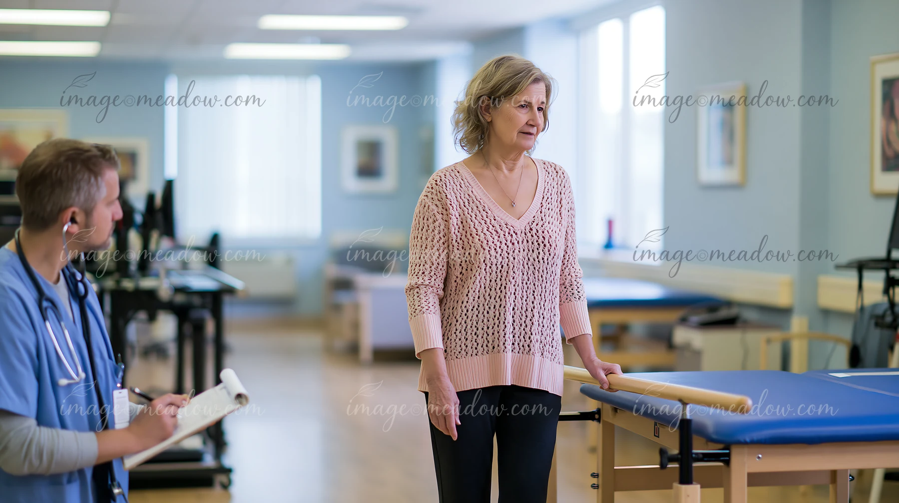 A senior woman with Parkinson's visits a neurologist in a clinic.