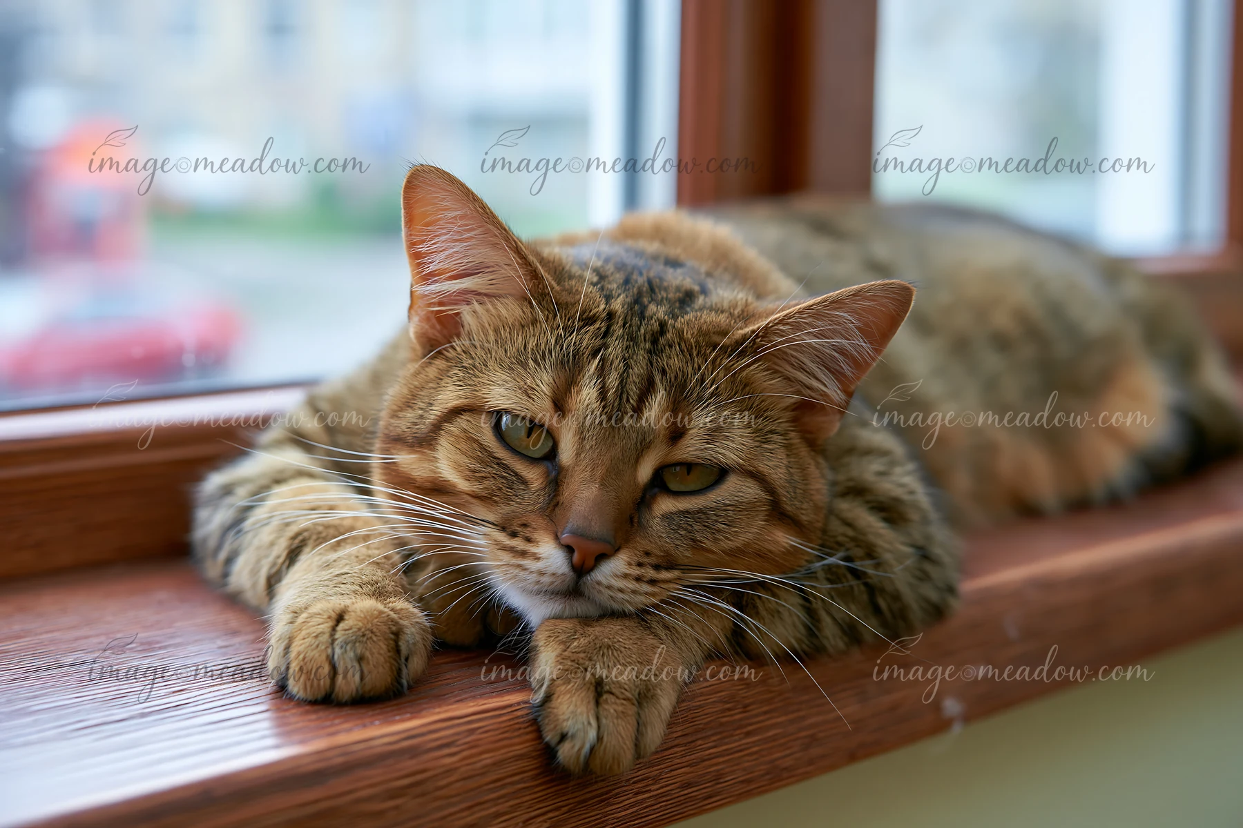 A Serengeti cat lies on a wooden windowsill, looking out as soft light fills the room.