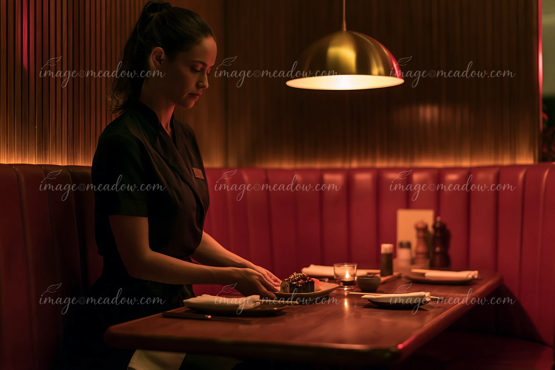 A server places sushi on a table for guests in a cozy restaurant under warm lighting.
