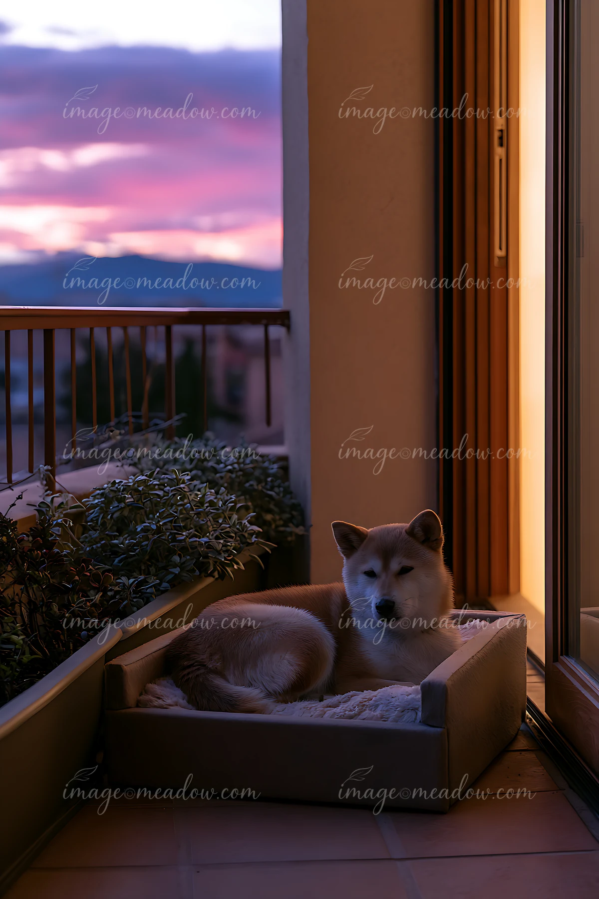 A shiba inu is lying comfortably on a pet bed on a balcony during sunset.