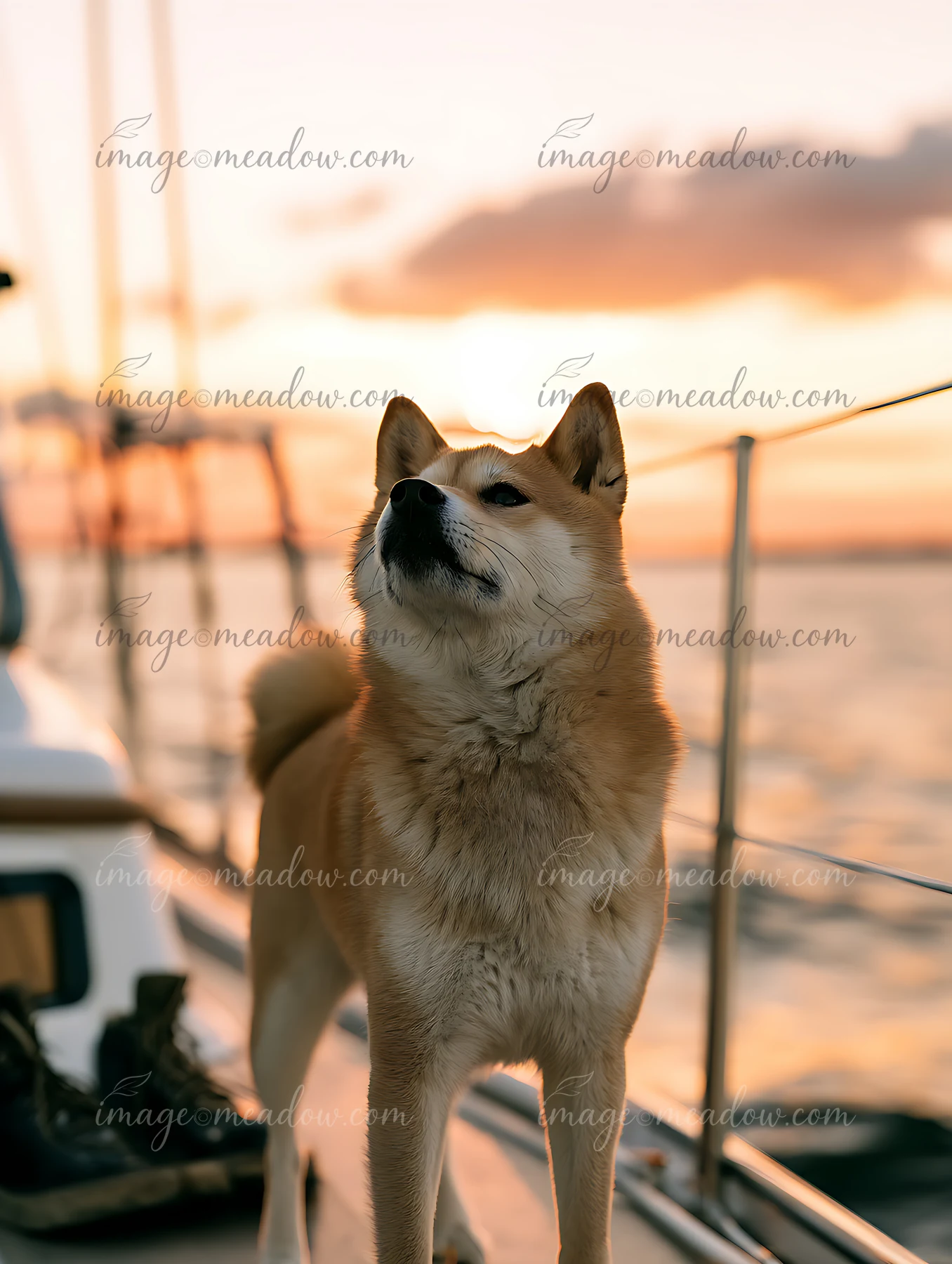 A shiba inu is standing on the deck of a yacht while the sun sets over the water.