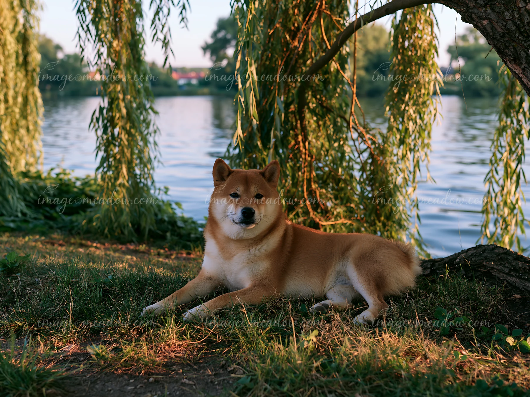 A Shiba Inu lies on the grass beside a lake, shaded by a willow tree.