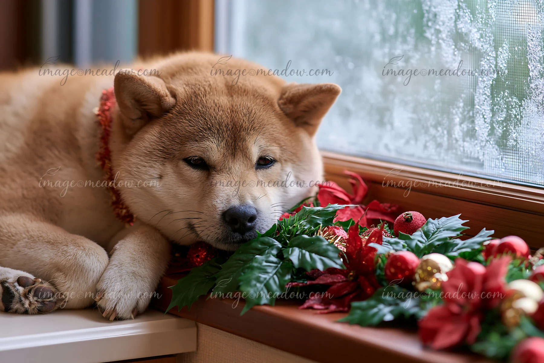 A Shiba Inu rests beside a Christmas garland on a counter, looking out a window.