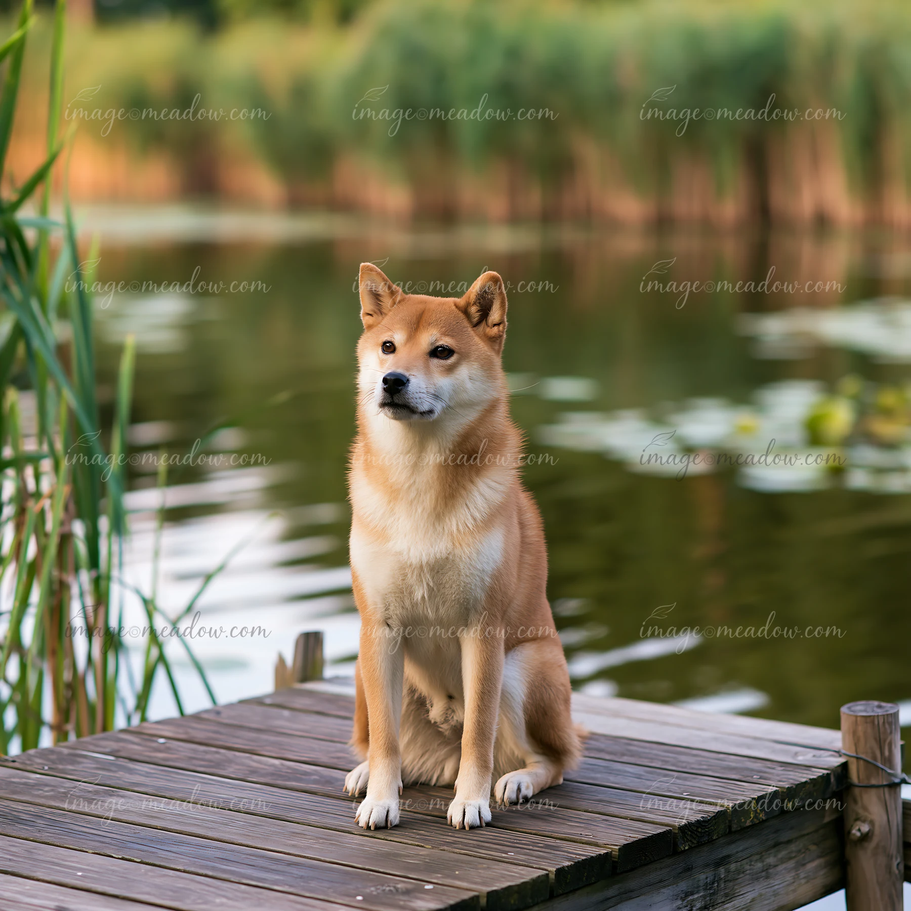 A shiba inu sits calmly on a wooden dock with still water in the background.