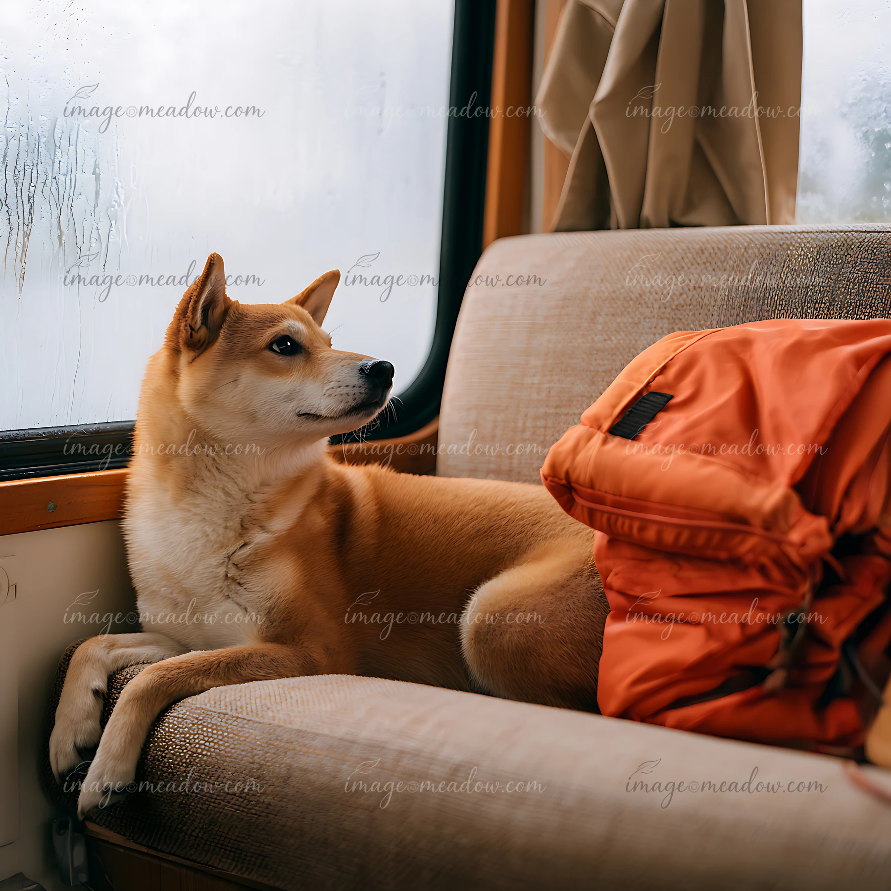 A shiba inu sits comfortably on a boat seat beside a folded orange life vest.