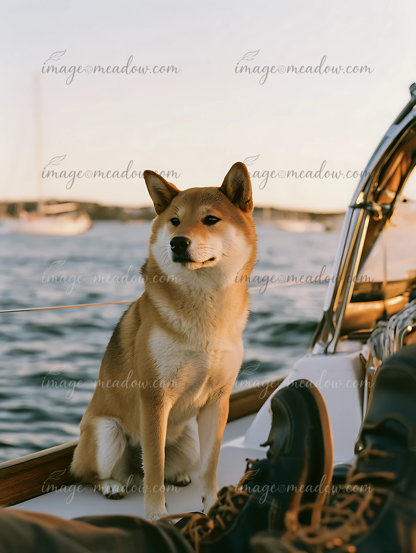 A shiba inu sits on the deck of a yacht while the sun sets over the water.