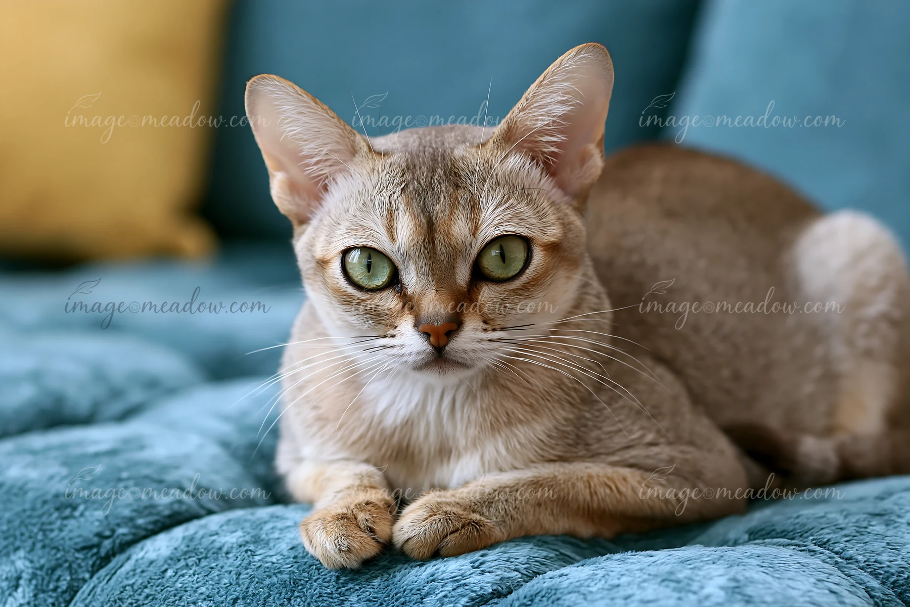 A Singapura cat lays quietly on a soft blue couch with a bright yellow pillow in the background.