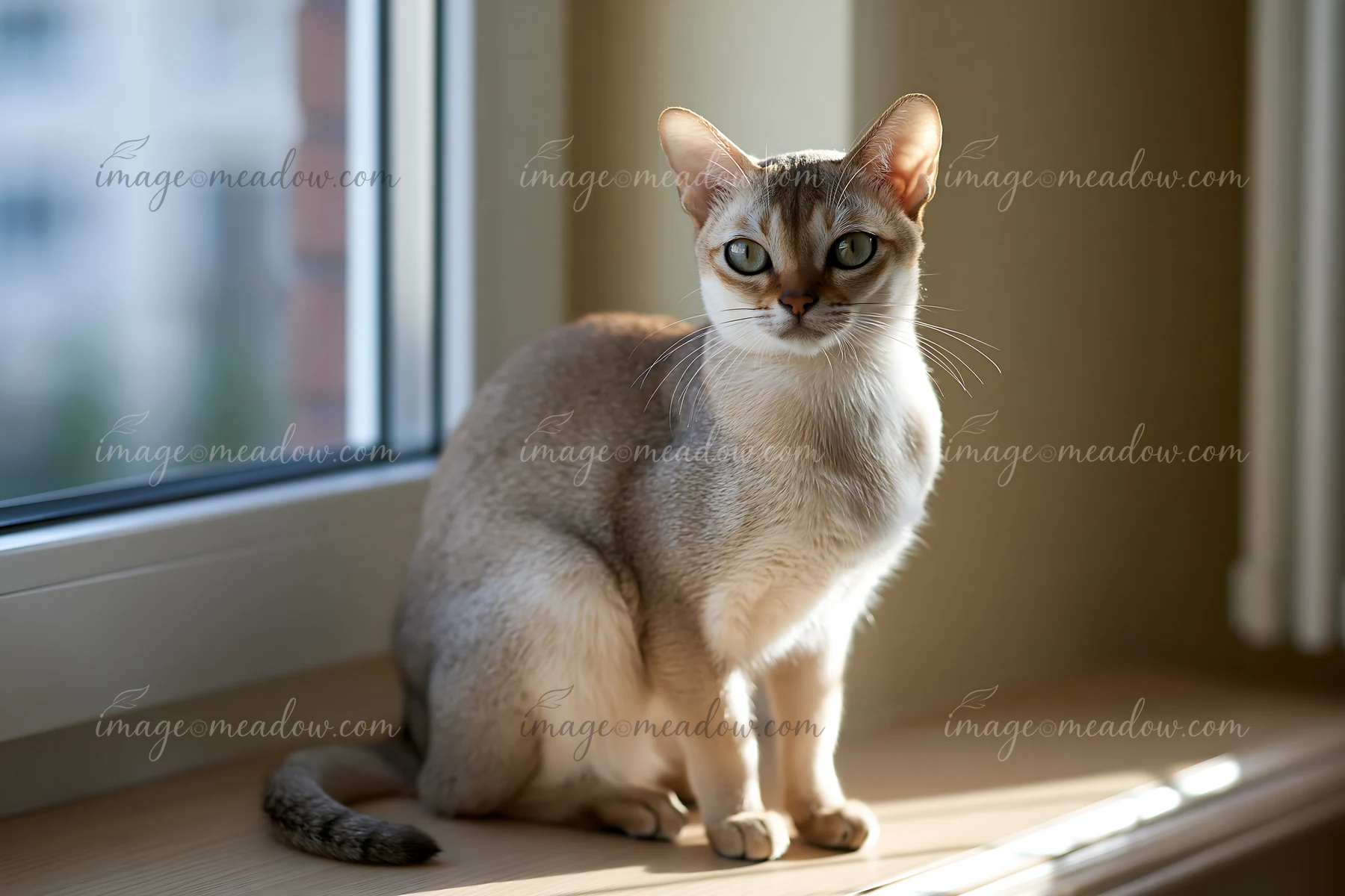 A Singapura cat sits gracefully on a windowsill, basking in soft natural light.