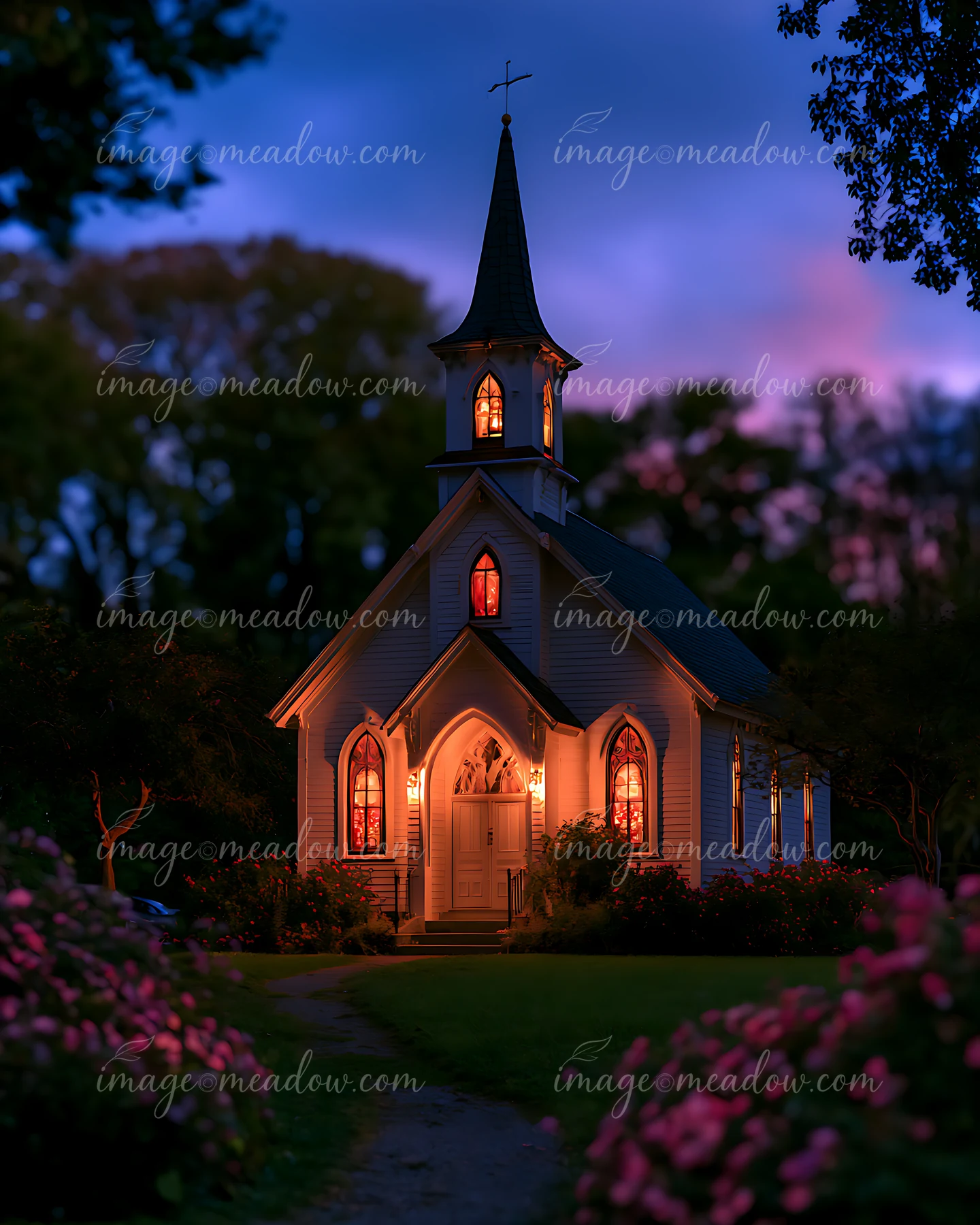 A small church with a tall steeple glows warmly at dusk, displaying lit windows.