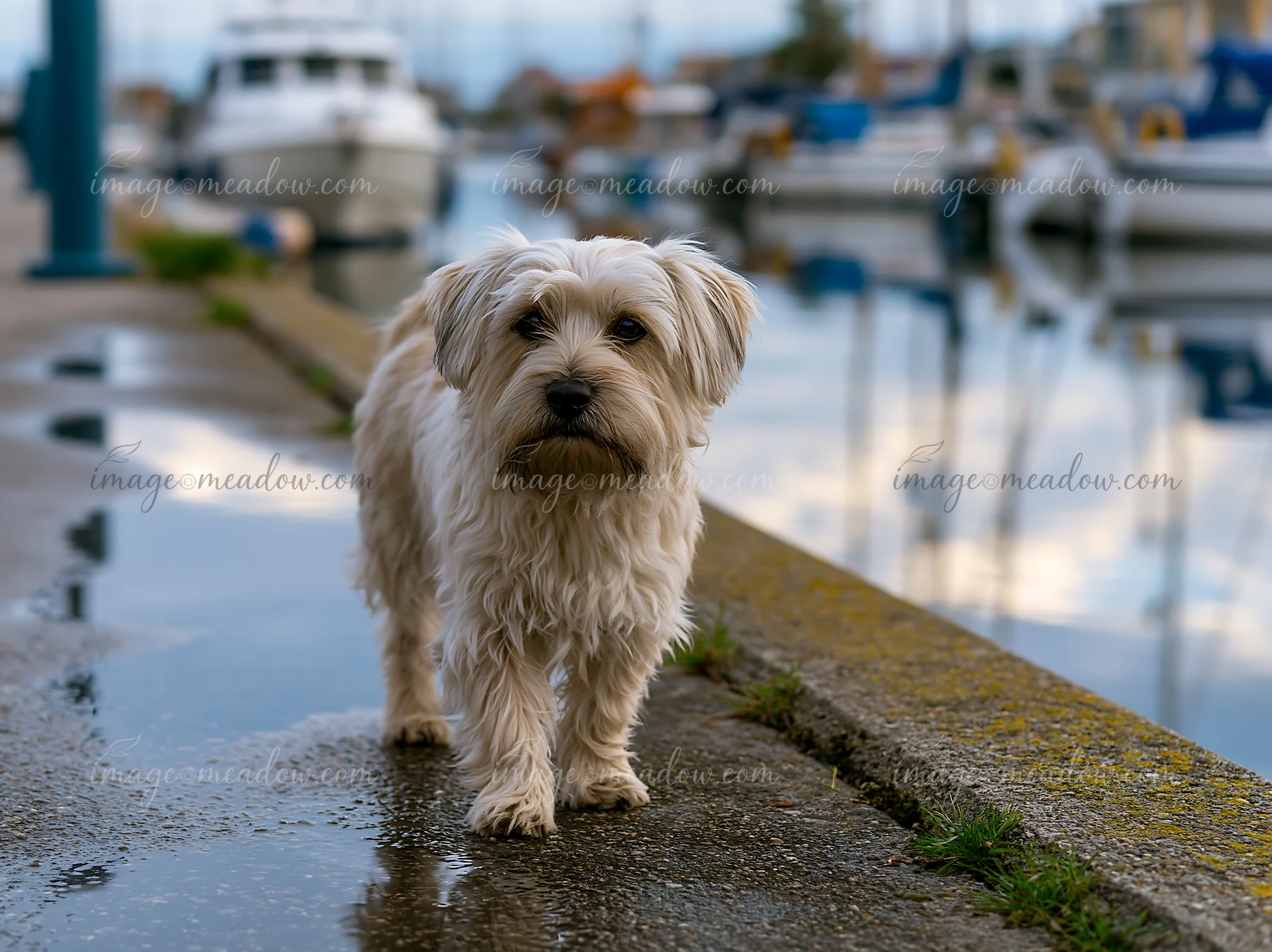 A small rare dog breed near seaside walks along the path by the water, surrounded by boats and a calm harbor.