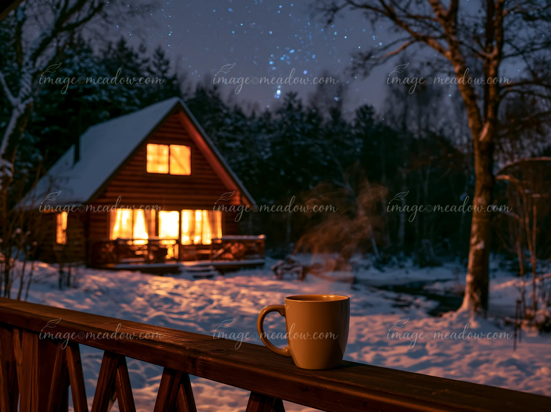 A snow-covered cabin under stars provides a cozy setting.