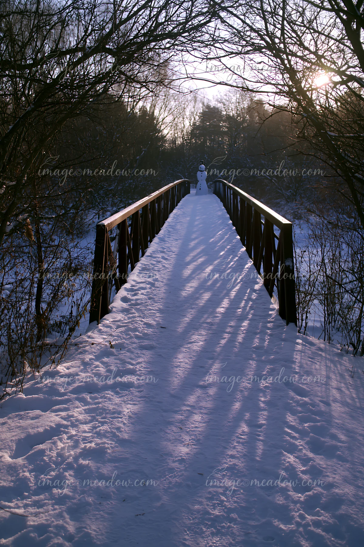 A snowman stands at the end of a snowy path on a bridge surrounded by trees.